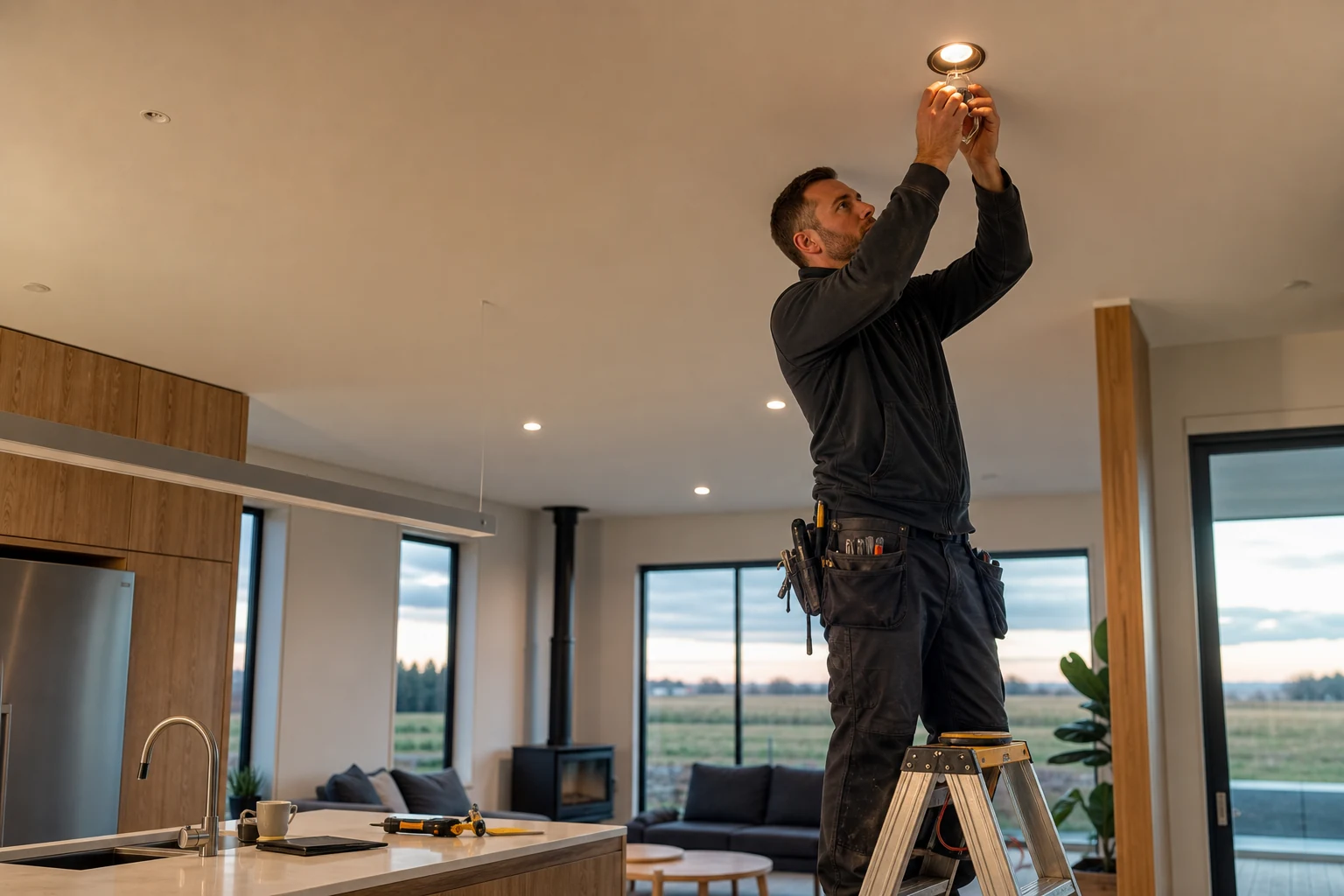 Electrician carefully installing a ceiling downlight in a contemporary New Zealand home